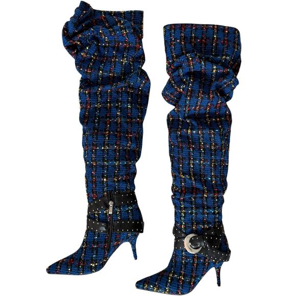 AZALEA WANG Taja Plaid Thigh High Boot With Buckle Detail In Blue 3'' Heel - Picture 4 of 13